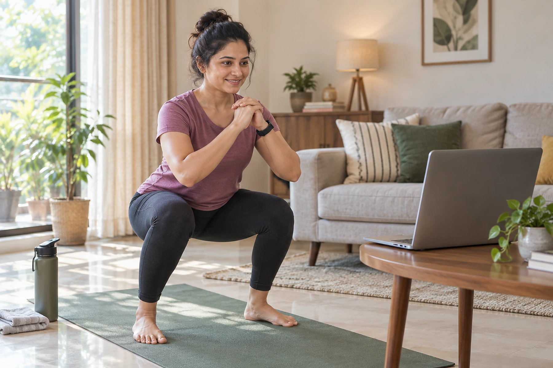 A beginner following a live online class at home