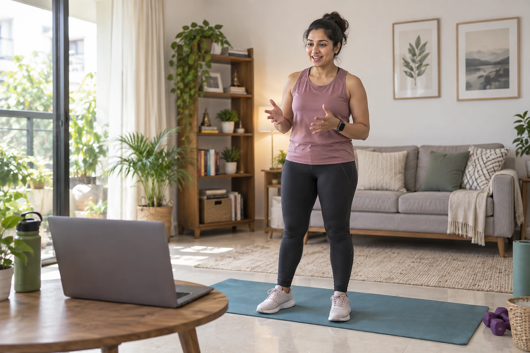 An instructor teaching a live online class from a prepared home space