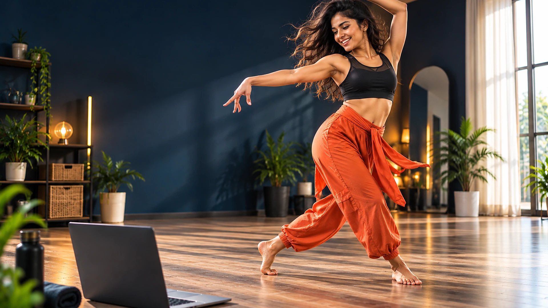 A woman mid-turn in a live online dance class at home