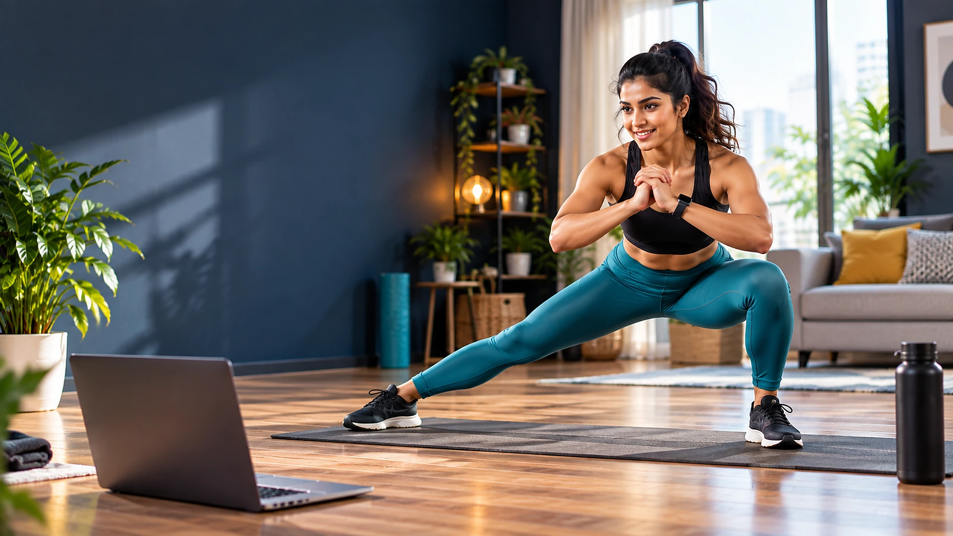 A woman in a live online home workout class