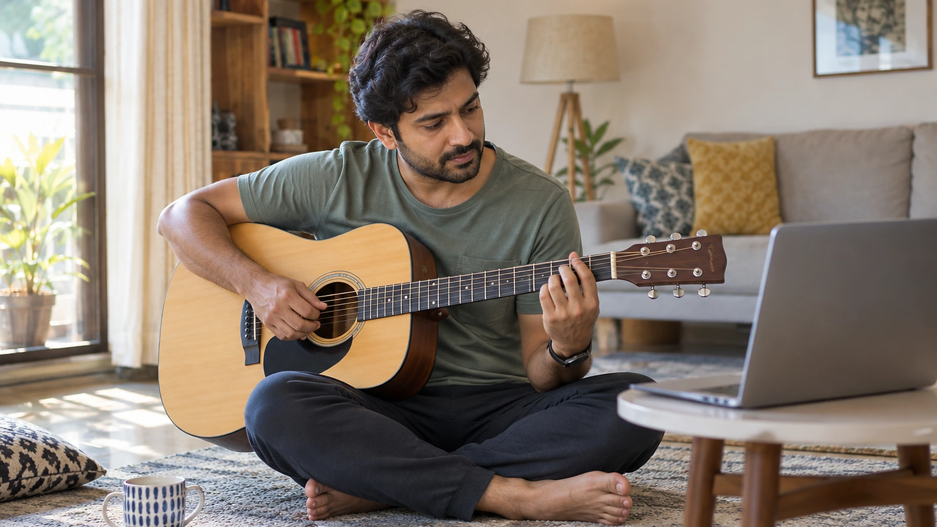 A man learning guitar in a live online music class