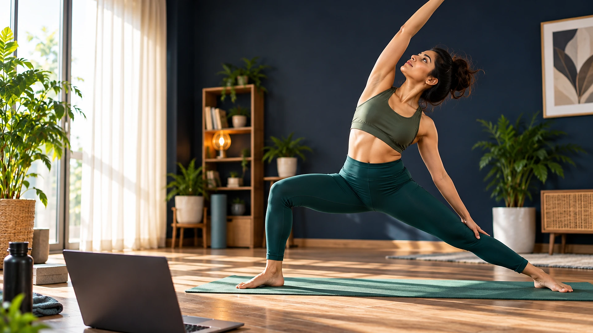 A woman in a live online yoga class